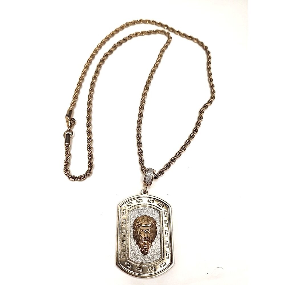 vintage Mens 30 inch rope chain ICED OUT Dog Tag Lion Head Pendant Necklace
